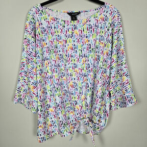 Ali Miles Womens Abstract 3/4 Sleeve Tunic Top Large Colorful Tie Front Artsy